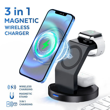 3-in-1 Magnetic Wireless Charger Stand – MagSafe Fast Charging Dock